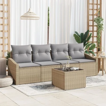 Juego de Comedor de Jardín de 5 Piezas con Cojines Beige de Ratán Poliéster de , Sofás de exterior - Ref: Foro24-3355259, Pre...