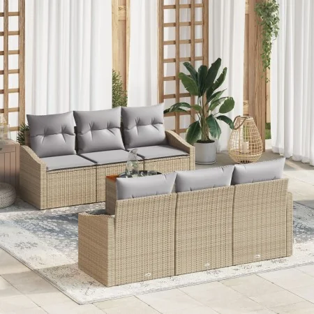 Juego de Sofá de Jardín de 7 Piezas con Cojines Beige Ratán Poliantacacia von , Outdoor-Sofas - Ref: Foro24-3356446, Preis: 5...