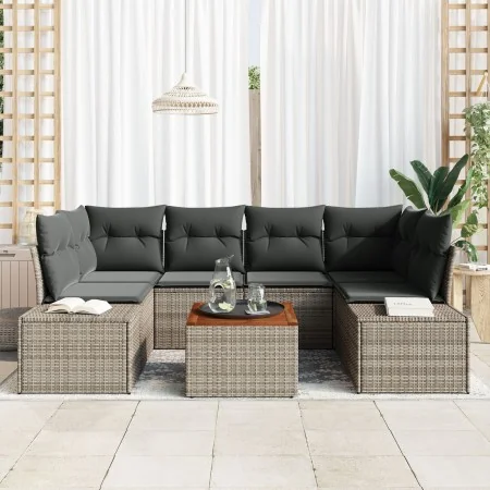 Juego de Sofás de Jardín de 7 Piezas con Cojines Gris Poliratán Acacia von , Outdoor-Sofas - Ref: Foro24-3356578, Preis: 490,...