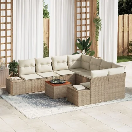 Juego de Sofá de Jardín de 9 Piezas con Cojines Beige Ratán Poliéster Acacia by , Outdoor sofas - Ref: Foro24-3356608, Price:...