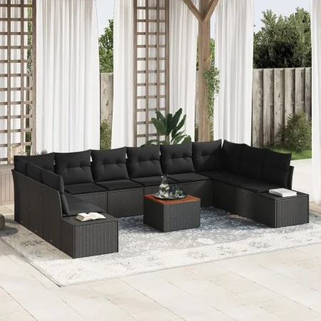 Juego de sofá de 11 piezas para jardín con cojines negros de polirratán y acacia von , Outdoor-Sofas - Ref: Foro24-3356679, P...