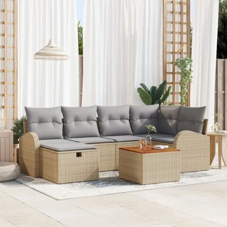 Juego de Sofá de Jardín de 7 Piezas con Cojines Beige Poliratán | Foro24.es | Tu tienda online para hogar, jardín y más Foro24.es