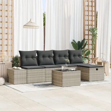 Conjunto de Sofá de Jardín de 6 Piezas con Cojines Gris Claro Ratán Poliéster de , Sofás de exterior - Ref: Foro24-3360703, P...