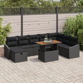 Conjunto de Sofá de Jardín de 9 Piezas con Cojines Negros de Ratán Polimérico de , Sofás de exterior - Ref: Foro24-3361373, P...