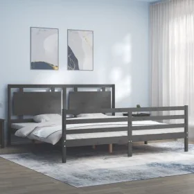 Gray solid wood bed frame with headboard 200x200 cm by vidaXL, Beds and slatted bases - Ref: Foro24-3194073, Price: 186,69 €,...