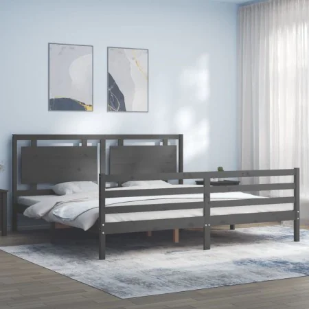 Gray solid wood bed frame with headboard 200x200 cm by vidaXL, Beds and slatted bases - Ref: Foro24-3194073, Price: 186,69 €,...