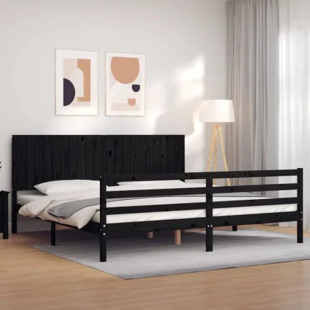 Bed frame with black solid wood headboard 200x200 cm by vidaXL, Beds and slatted bases - Ref: Foro24-3194790, Price: 189,50 €...
