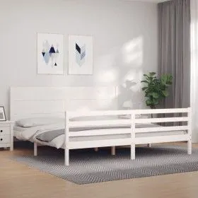 White solid wood bed frame with headboard 200x200 cm by vidaXL, Beds and slatted bases - Ref: Foro24-3194657, Price: 207,82 €...