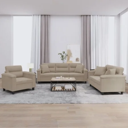 Juego de sofás con cojines 3 piezas tela microfibra gris taupe by , Sofas - Ref: Foro24-3202302, Price: 823,05 €, Discount: -5%%