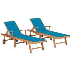Tumbonas 2 unidades madera maciza de teca con cojín azul de , Tumbonas - Ref: Foro24-3073190, Precio: 550,48 €, Descuento: -5%%