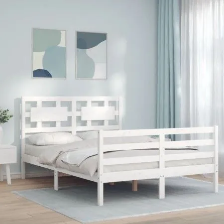 White solid wood bed frame with headboard 140x190 cm by vidaXL, Beds and slatted bases - Ref: Foro24-3194422, Price: 135,86 €...