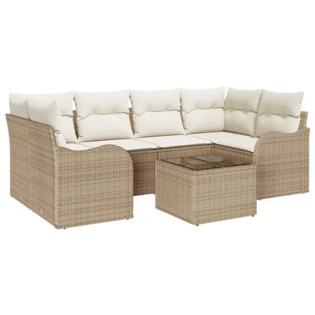 Juego de Sofá de Jardín de 7 Piezas con Cojines Ratán Beige Poli, Sofá de Jardín de 2 Plazas con Cojines Ratán Beige Poli von...