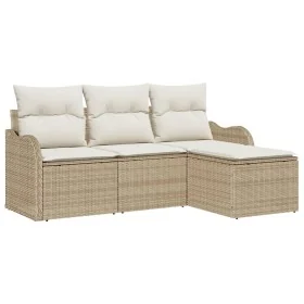 Juego de Sofá de Jardín de 4 Piezas con Cojines Beige Poli Ratán, Sofá de Jardín de Dos Plazas con Cojines Beige Poli Ratán v...