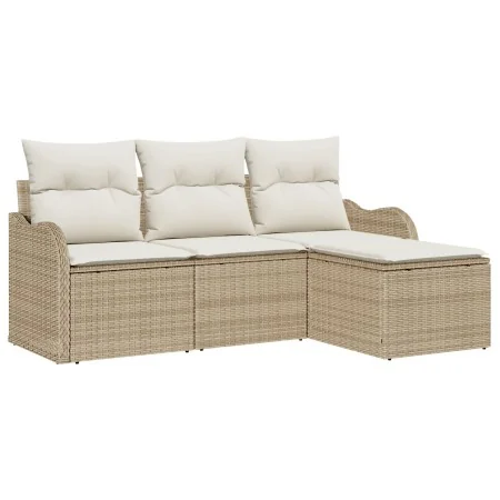 Juego de Sofá de Jardín de 4 Piezas con Cojines Beige Poli Ratán, Sofá de Jardín de Dos Plazas con Cojines Beige Poli Ratán b...