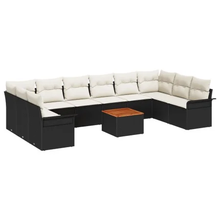 Set de Sofás Jardín de 11 Piezas con Cojines Negros de Rattan Poliéster Acacia | Foro24.es | Tu tienda online para hogar, jardín y más Foro24.es