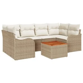 Juego de Sofá de Jardín de 7 Piezas con Cojines Beige Poliratán Acacia, Sofá de Jardín de 2 Plazas con Cojines Beige Poliratá...