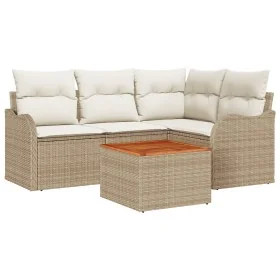 Juego de sofá de jardín de 5 piezas con cojines beige poliratán acacia, Sofá de jardín de 2 plazas con cojines beige poliratá...