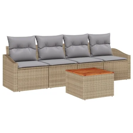Juego de Sofá de Jardín de 5 Piezas con Cojines Beige Poliratán Acacia | Foro24.es | Tu tienda online para hogar, jardín y más Foro24.es