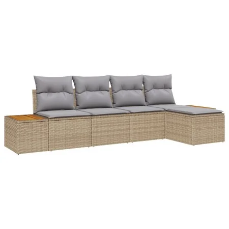 Juego de Sofá de Jardín de 5 Piezas con Cojines Beige de Poliratán Acacia | Foro24.es | Tu tienda online para hogar, jardín y más Foro24.es