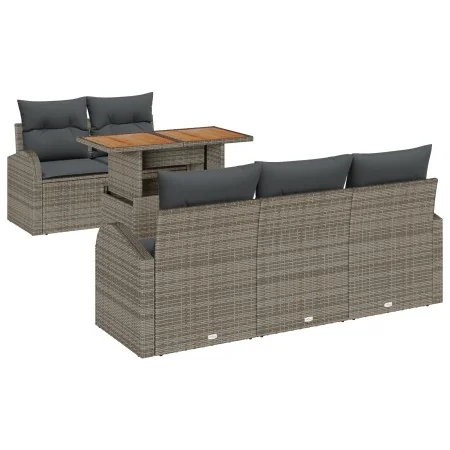 Conjunto de Comedor de Jardín de 6 Piezas con Cojines Gris Ratan Poliéster y Acacia von , Outdoor-Sofas - Ref: Foro24-3349523...