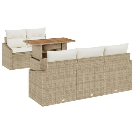 Conjunto de Jardín de 6 Piezas con Cojines Beige de Ratán Poli Acacia | Foro24.es | Tu tienda online para hogar, jardín y más Foro24.es