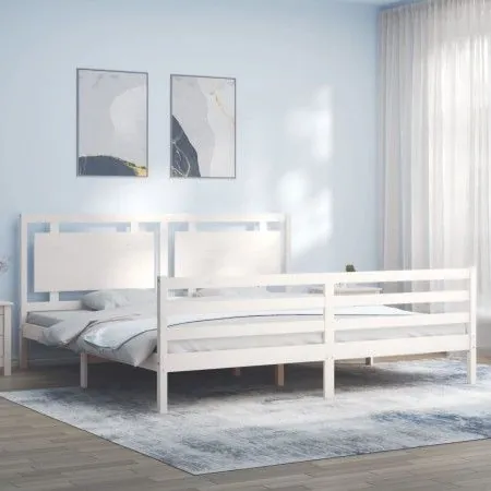 White solid wood bed frame with headboard 200x200 cm by vidaXL, Beds and slatted bases - Ref: Foro24-3194072, Price: 179,43 €...