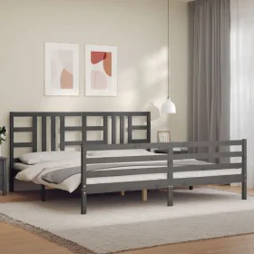 Gray solid wood bed frame with headboard 200x200 cm by vidaXL, Beds and slatted bases - Ref: Foro24-3193943, Price: 170,48 €,...
