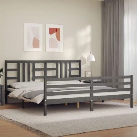 Gray solid wood bed frame with headboard 200x200 cm by vidaXL, Beds and slatted bases - Ref: Foro24-3193943, Price: 170,48 €,...