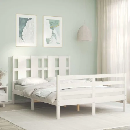 White solid wood bed frame with headboard 140x200 cm by vidaXL, Beds and slatted bases - Ref: Foro24-3194117, Price: 136,81 €...
