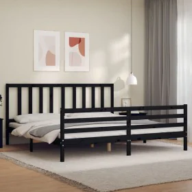 Bed frame with black solid wood headboard 200x200 cm by vidaXL, Beds and slatted bases - Ref: Foro24-3193880, Price: 165,23 €...