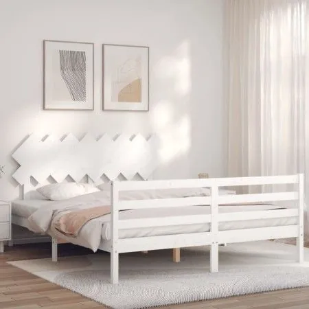 White solid wood bed frame with headboard 160x200 cm by vidaXL, Beds and slatted bases - Ref: Foro24-3195297, Price: 142,13 €...