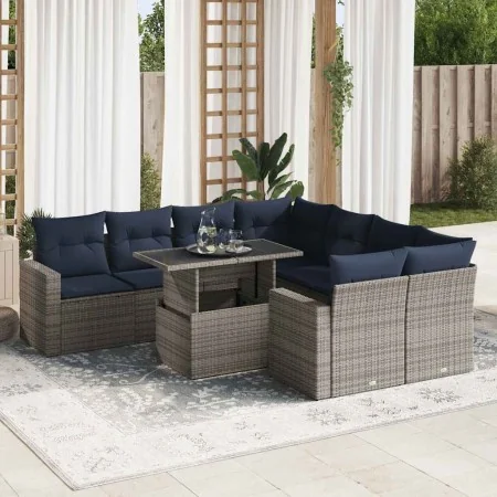 Set sofás jardín y cojines 9 pzas ratán sintético acacia gris de , Conjuntos de jardín - Ref: Foro24-3326292, Precio: 719,19 ...
