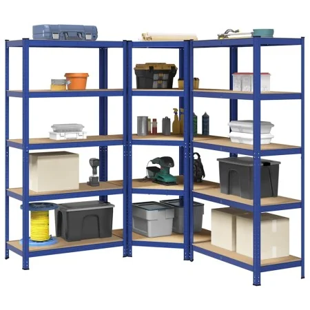 Juego de 3 estantes de 5 niveles acero azul y madera industrial de , Estanterías industriales - Ref: Foro24-3307614, Precio: ...