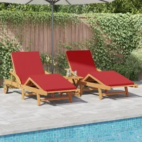 Tumbonas 2 pcs con cojines y ruedas Rojo Madera