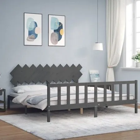 Grauer Massivholzbettrahmen mit Kopfteil 200x200 cm von vidaXL, Betten und Lattenroste - Ref: Foro24-3193488, Preis: 172,51 €...
