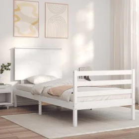 White solid wood bed frame with headboard 90x200 cm by vidaXL, Beds and slatted bases - Ref: Foro24-3195207, Price: 110,53 €,...