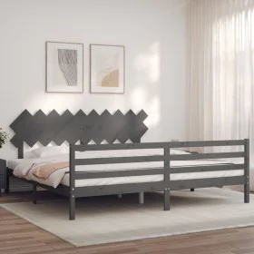 Gray solid wood bed frame with headboard 200x200cm by vidaXL, Beds and slatted bases - Ref: Foro24-3195308, Price: 173,79 €, ...