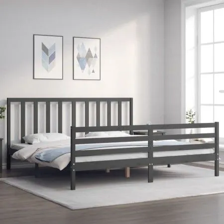 Gray solid wood bed frame with headboard 200x200 cm by vidaXL, Beds and slatted bases - Ref: Foro24-3193813, Price: 170,26 €,...