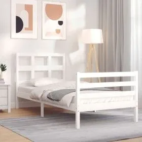 White solid wood bed frame with headboard 90x200 cm by vidaXL, Beds and slatted bases - Ref: Foro24-3194817, Price: 96,44 €, ...