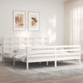 White solid wood bed frame with headboard 200x200 cm by vidaXL, Beds and slatted bases - Ref: Foro24-3194007, Price: 152,39 €...