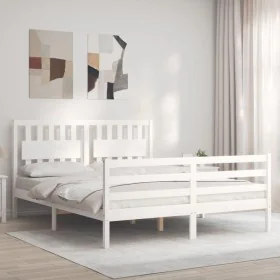 White solid wood bed frame with headboard 160x200 cm by vidaXL, Beds and slatted bases - Ref: Foro24-3194322, Price: 162,22 €...