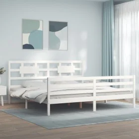 White solid wood bed frame with headboard 200x200 cm by vidaXL, Beds and slatted bases - Ref: Foro24-3194462, Price: 157,74 €...
