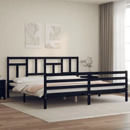 Bed frame with black solid wood headboard 200x200 cm by vidaXL, Beds and slatted bases - Ref: Foro24-3194985, Price: 168,11 €...