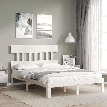 White solid wood bed frame with headboard 120x200 cm by vidaXL, Beds and slatted bases - Ref: Foro24-3193592, Price: 133,02 €...