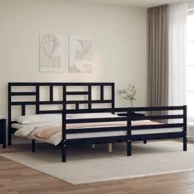 Bed frame with black solid wood headboard 200x200 cm by vidaXL, Beds and slatted bases - Ref: Foro24-3194920, Price: 168,37 €...