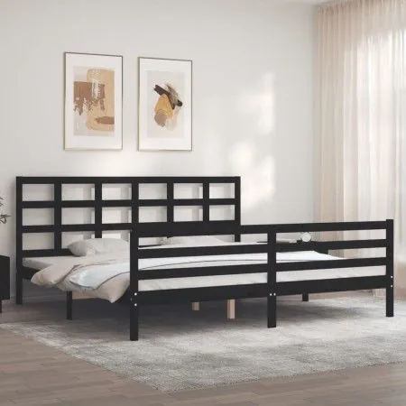 Bed frame with black solid wood headboard 200x200 cm by vidaXL, Beds and slatted bases - Ref: Foro24-3194010, Price: 169,15 €...