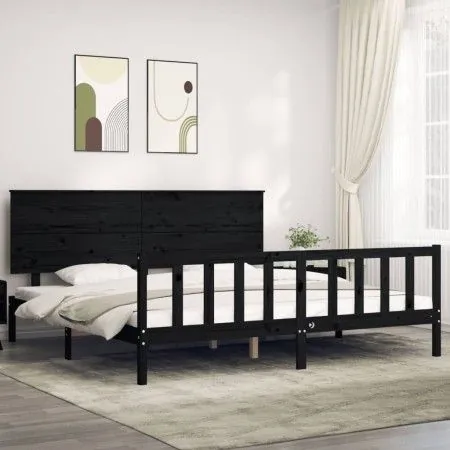 Bed frame with black solid wood headboard 200x200 cm by vidaXL, Beds and slatted bases - Ref: Foro24-3193425, Price: 217,52 €...