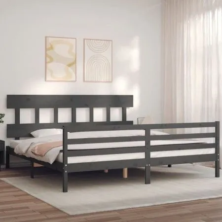 Gray solid wood bed frame with headboard 200x200 cm by vidaXL, Beds and slatted bases - Ref: Foro24-3195178, Price: 169,46 €,...