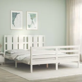 White solid wood bed frame with headboard 160x200 cm by vidaXL, Beds and slatted bases - Ref: Foro24-3194127, Price: 153,13 €...