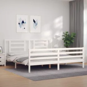 White solid wood bed frame with headboard 200x200 cm by vidaXL, Beds and slatted bases - Ref: Foro24-3194722, Price: 153,85 €...